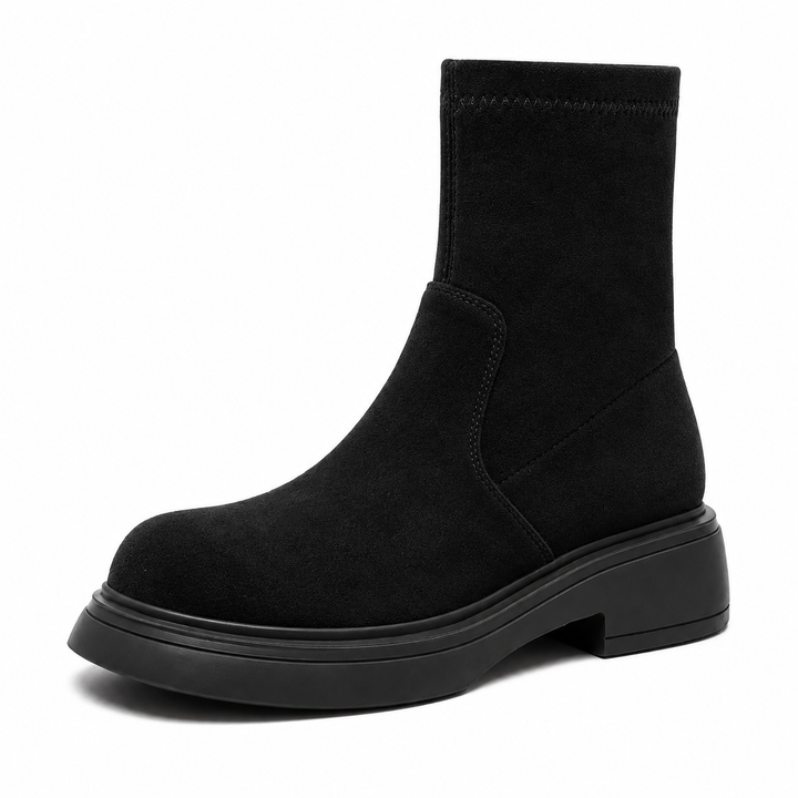 Women's suede-like ankle boots with round toes and low block heels