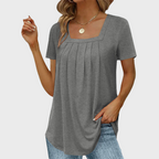 Women's short-sleeve pleated blouse with square neckline