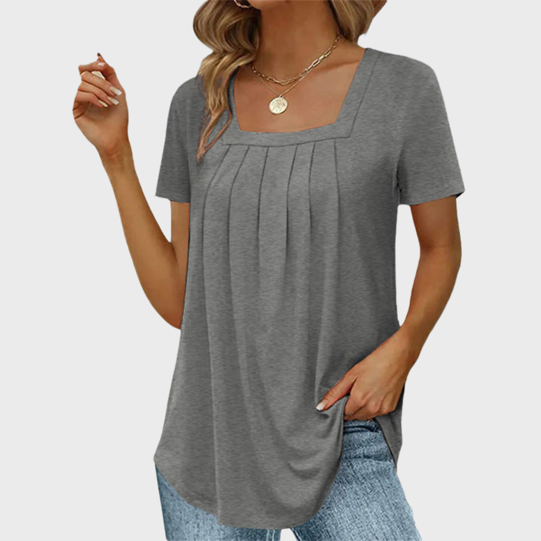 Women's short-sleeve pleated blouse with square neckline