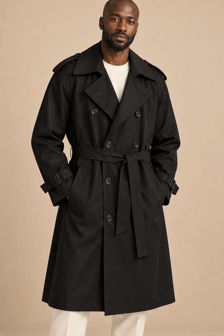 Men's double-breasted trench coat with a waist belt and epaulettes