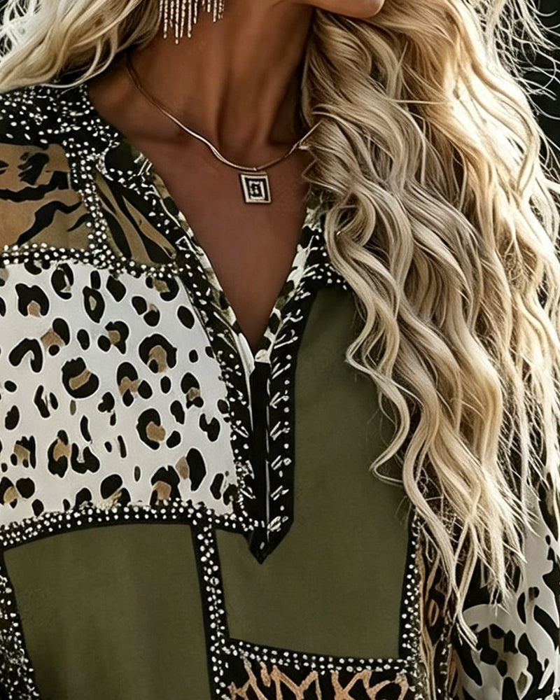 Women's leopard colour block blouse with long sleeves and V-neckline