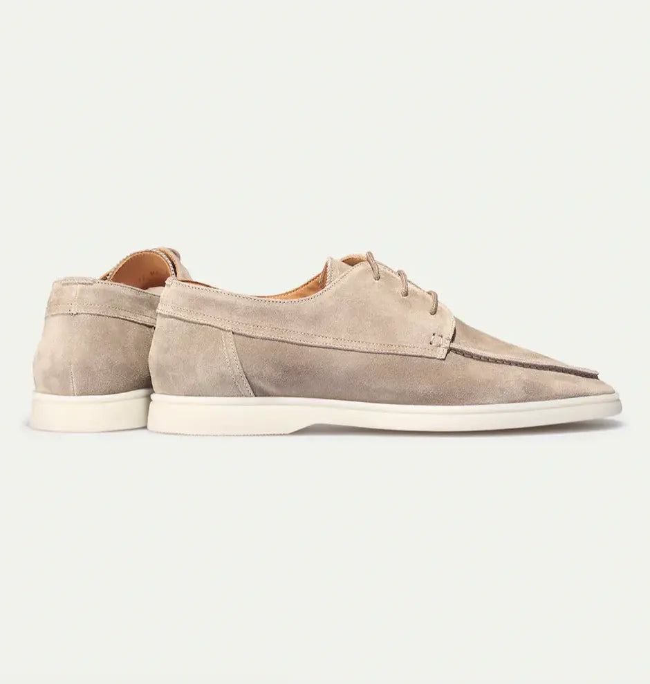 Men's lace-up moccasin shoes shown in black and beige with round toes and flat soles