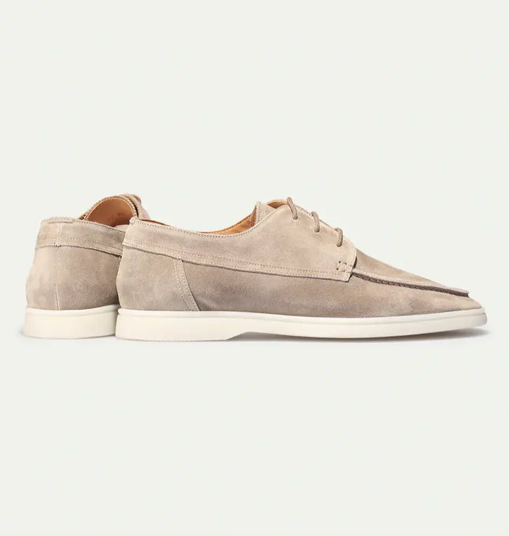 Men's lace-up moccasin shoes shown in black and beige with round toes and flat soles