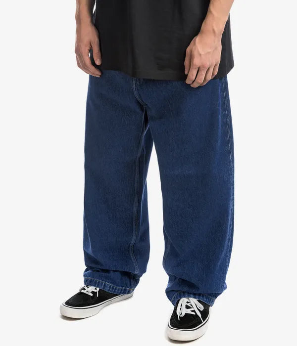 Men's baggy wide-leg jeans shown in black and light blue washes