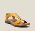 Women's black orthopedic t-strap sandal with adjustable velcro and contoured footbed