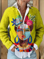 Women's multicolour cardigan with a stylised portrait, floral details and button front