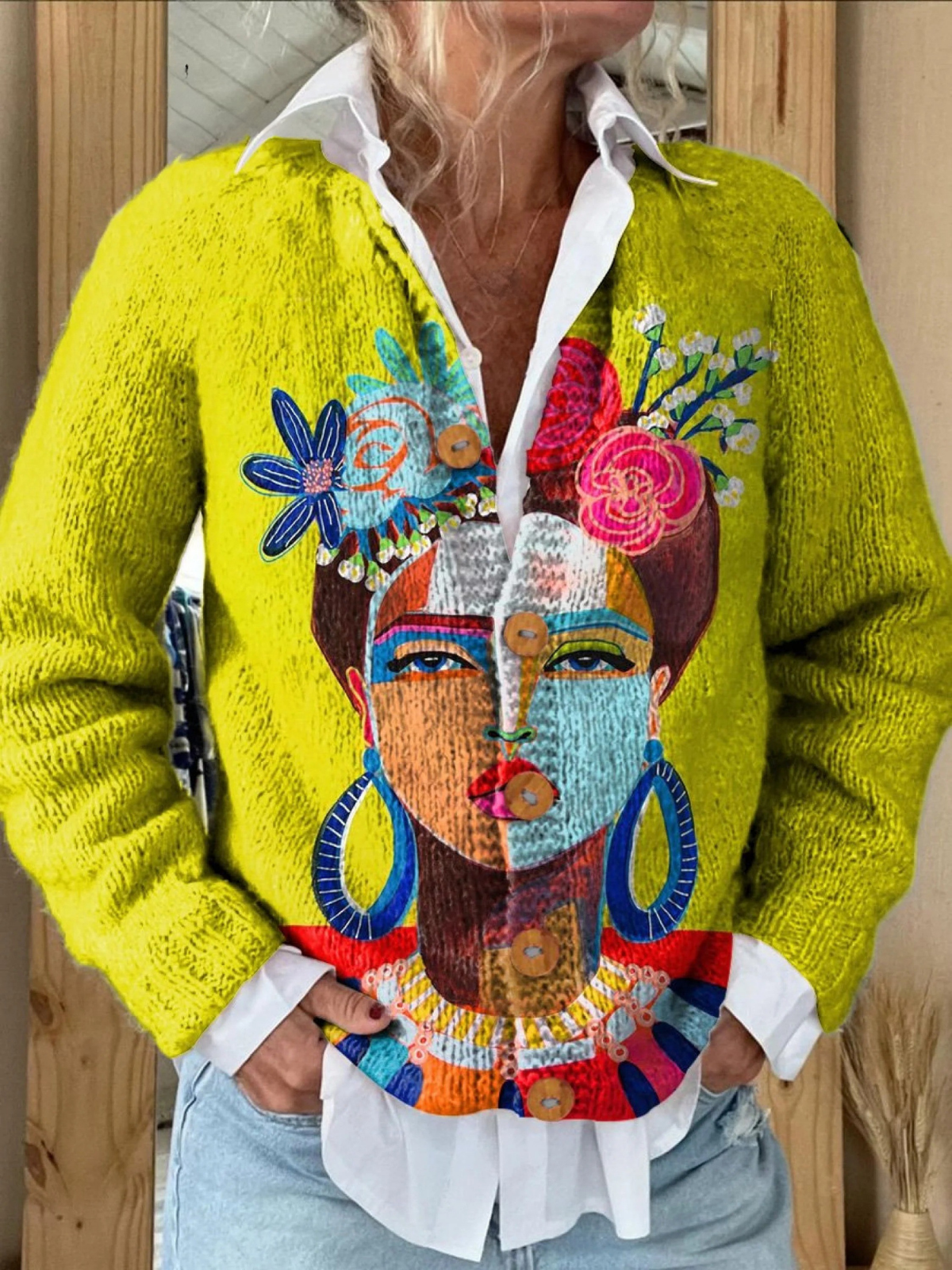 Women's multicolour cardigan with a stylised portrait, floral details and button front