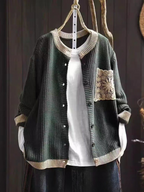 Women's knitted cardigan with button front, ribbed trims and decorative crochet-style chest pocket