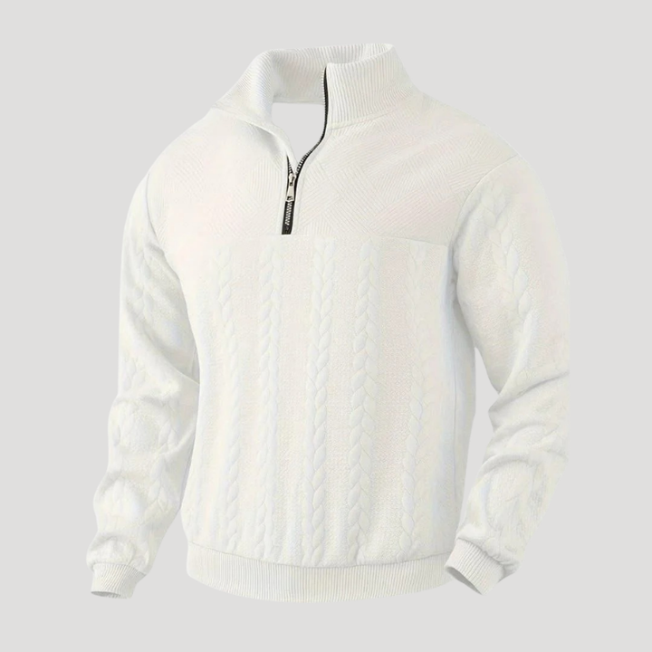 Men's cable knit half-zip sweater with high neck