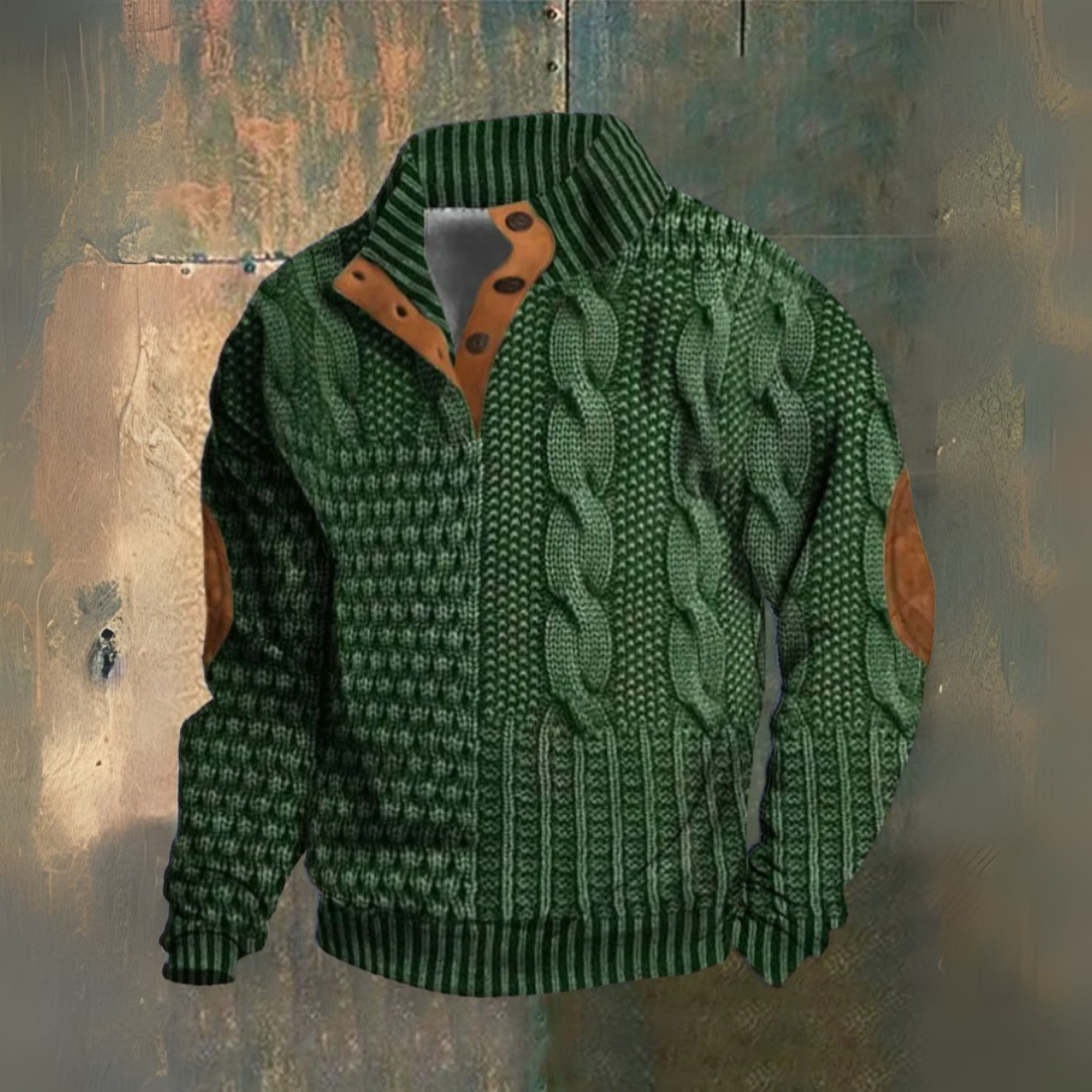Men's cable knit jumper with high collar, buttons and elbow patches