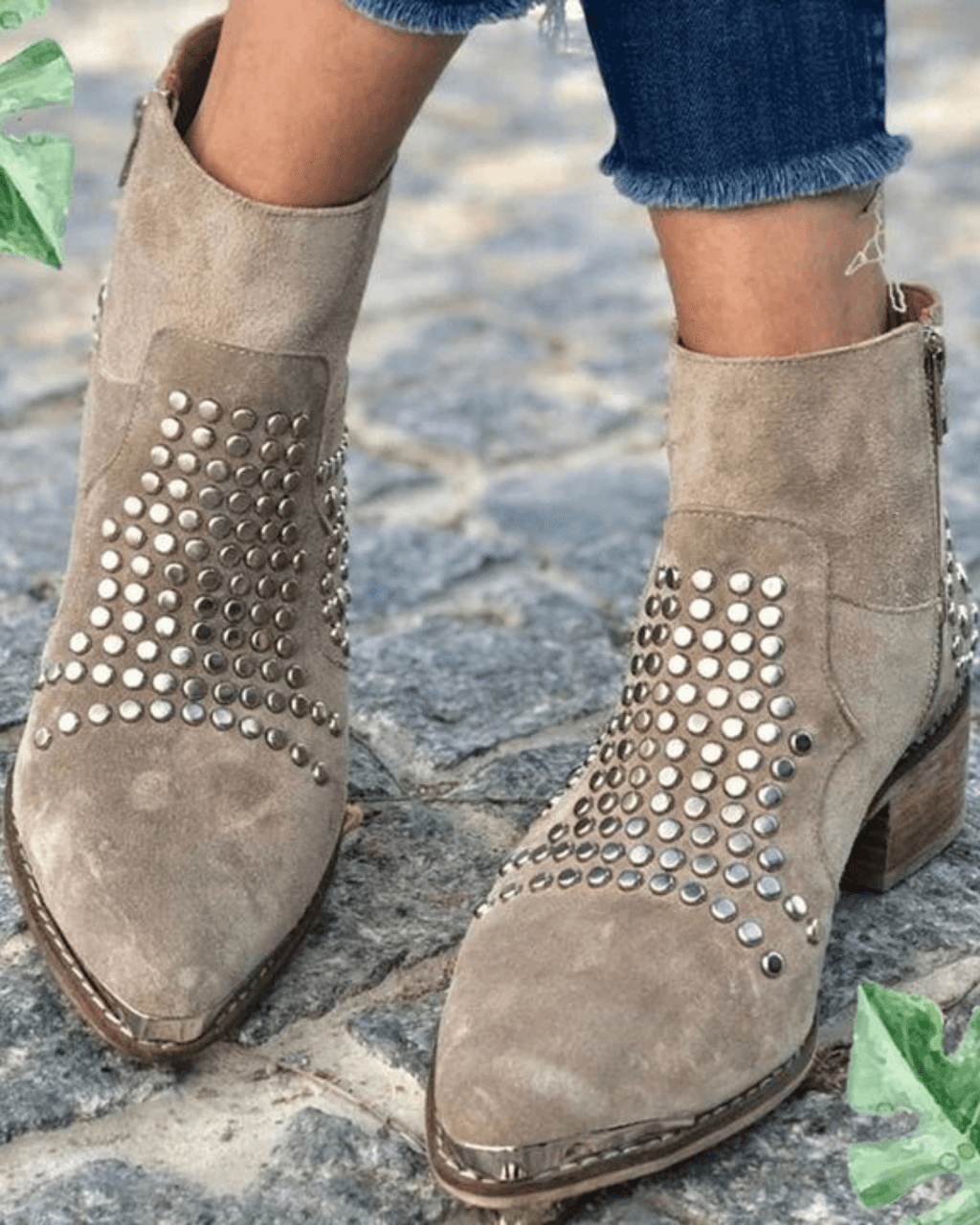 Beige ankle boots with pointed toes, low block heels and metallic studded panels