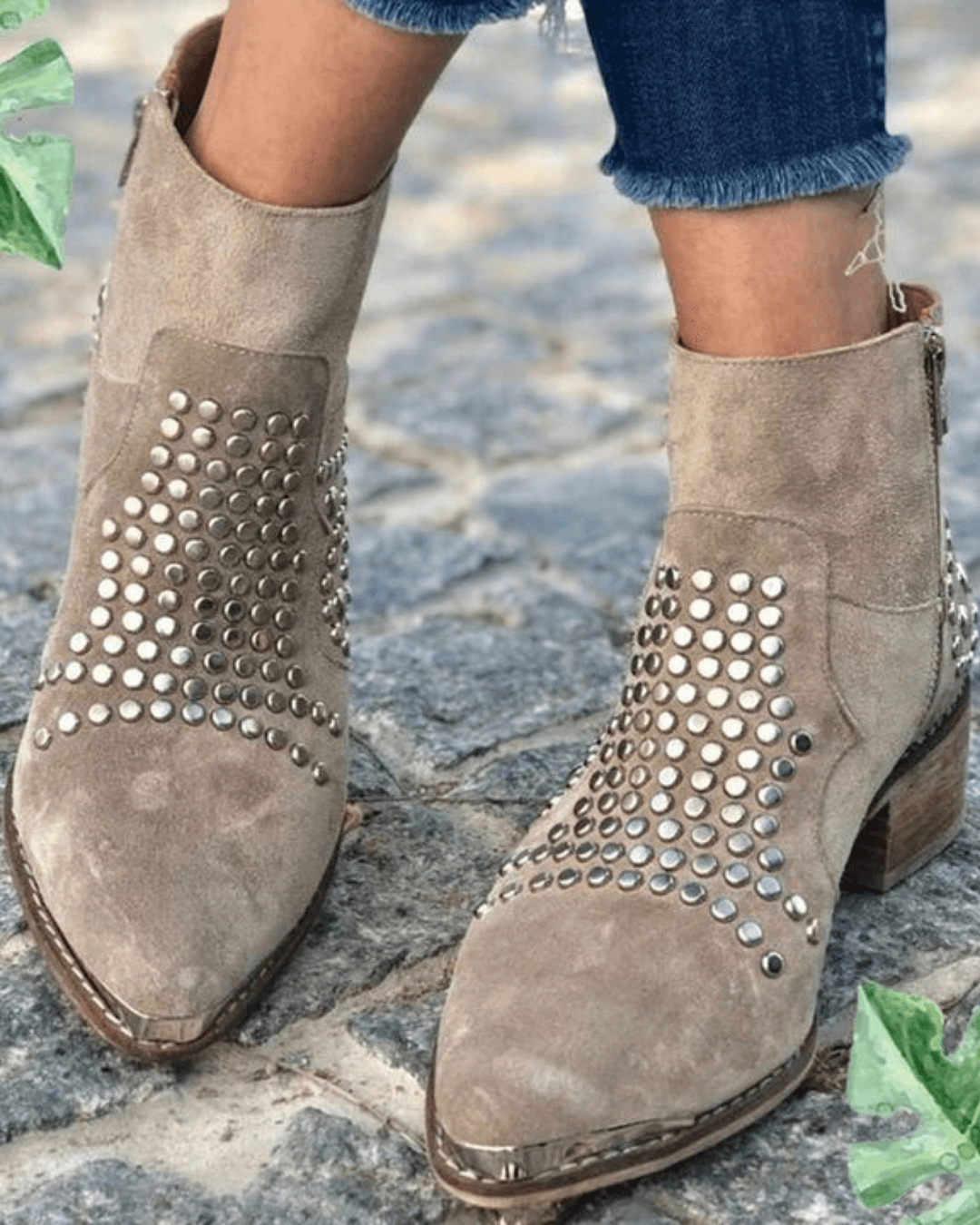 Beige ankle boots with pointed toes, low block heels and metallic studded panels