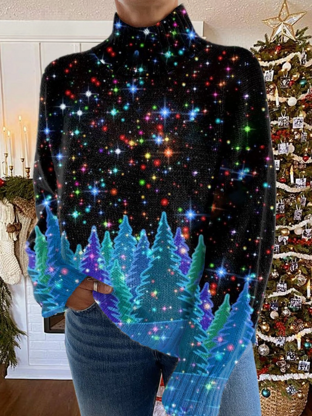 Women's festive turtleneck sweater with colourful Christmas trees and stars