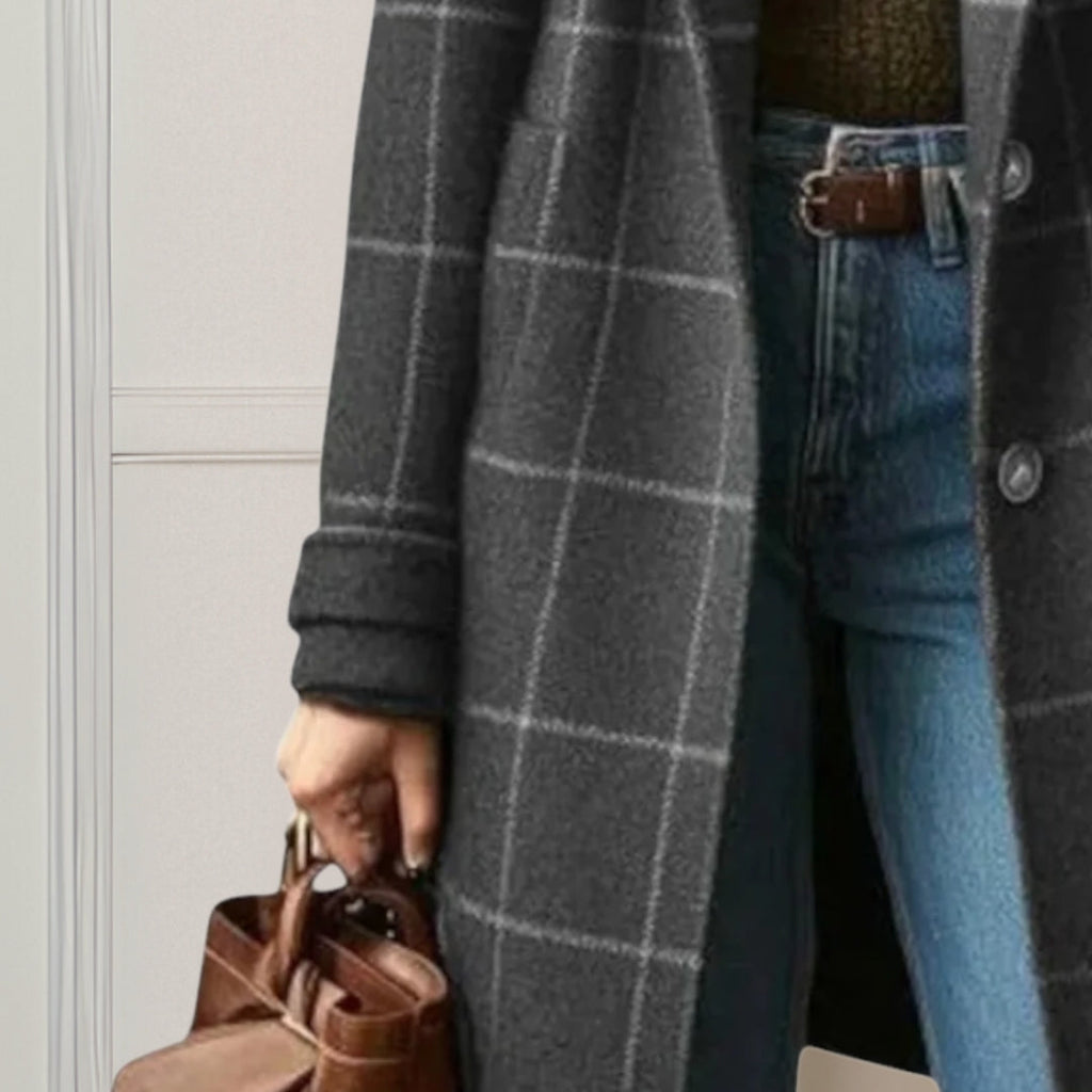 Women's long checkered coat with notched lapels and button front
