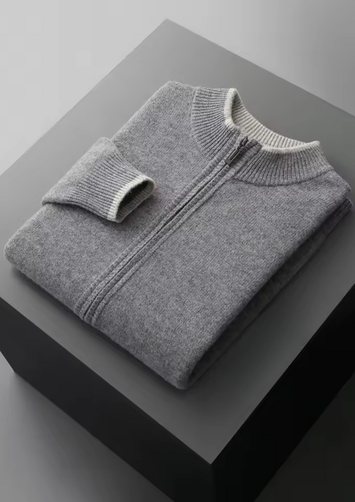 Men's two-tone grey knit tracksuit set with a zip jacket and drawstring trousers
