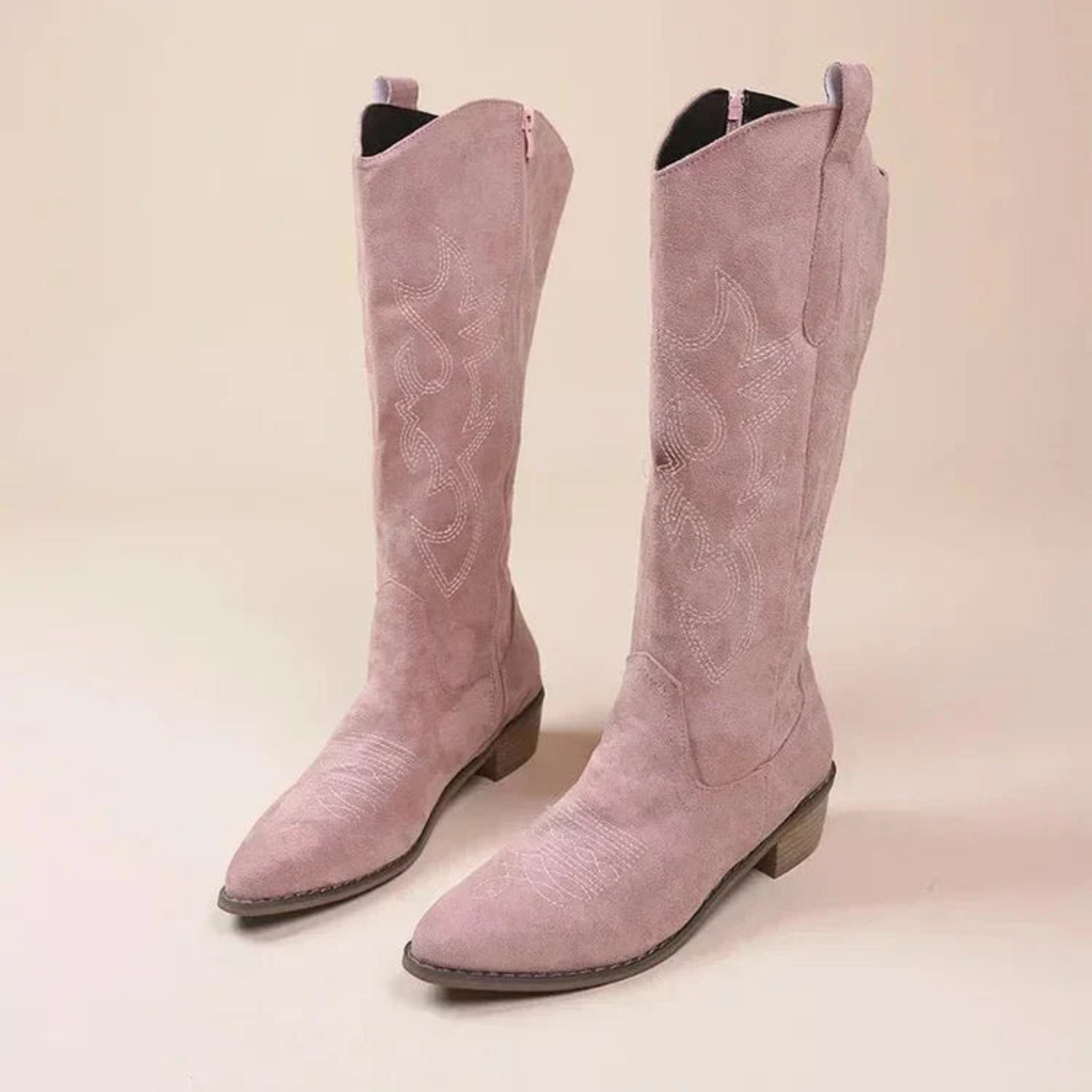 Embroidered women's cowboy boots with pointed toes and low heels