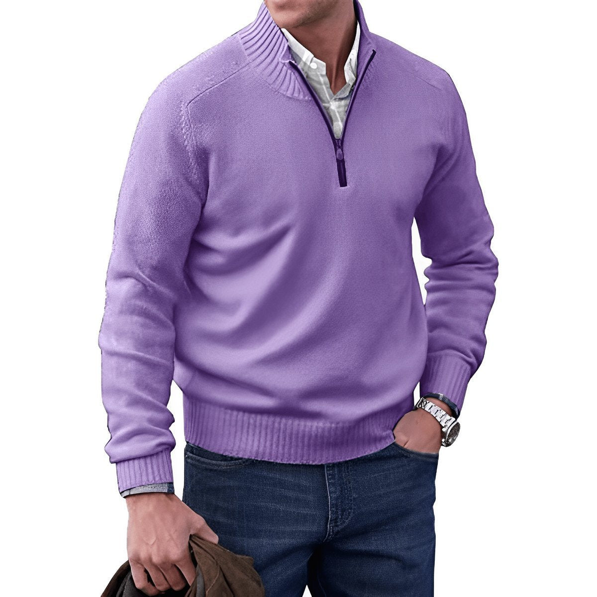 Men's quarter-zip knitted sweater with mock neck and ribbed trims