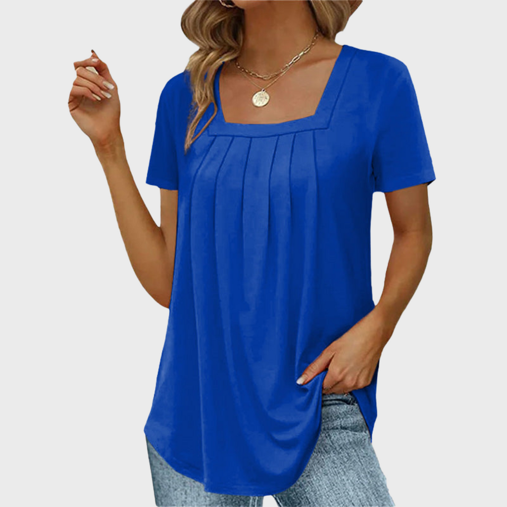Women's short-sleeve pleated blouse with square neckline