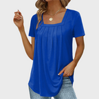 Women's short-sleeve pleated blouse with square neckline