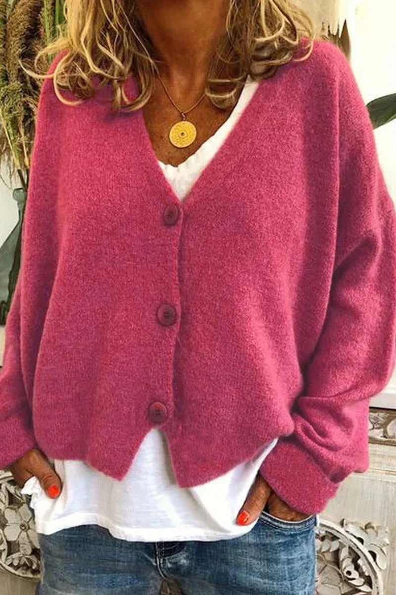 Women's V-neck knit cardigan with long sleeves and button front