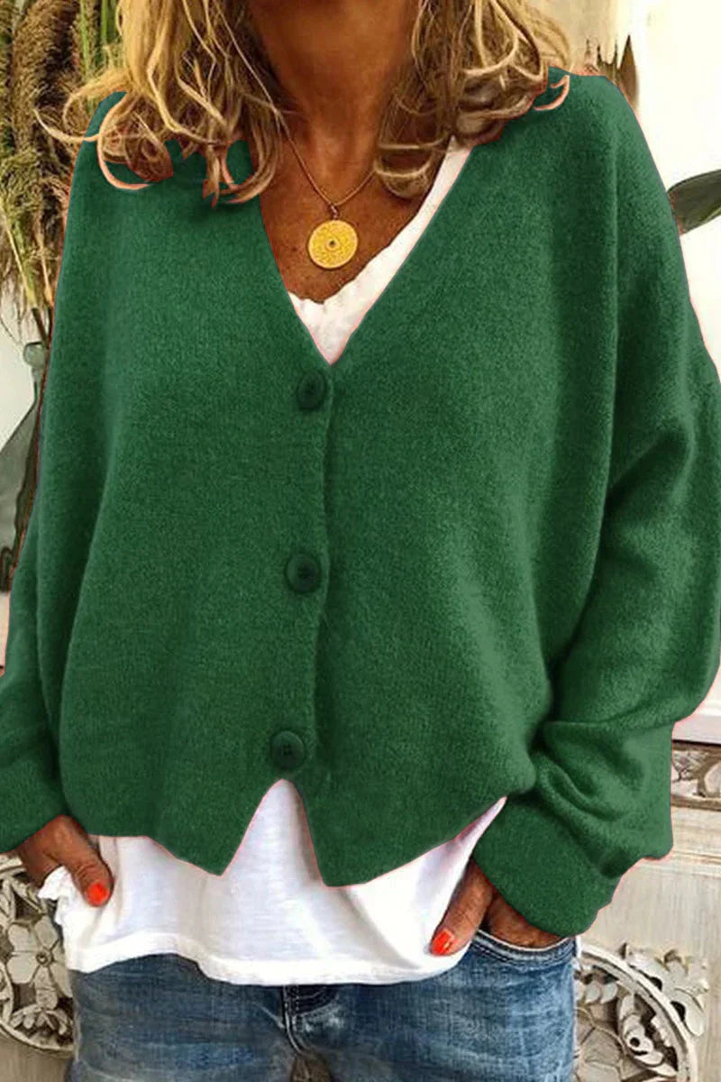 Women's V-neck knit cardigan with long sleeves and button front