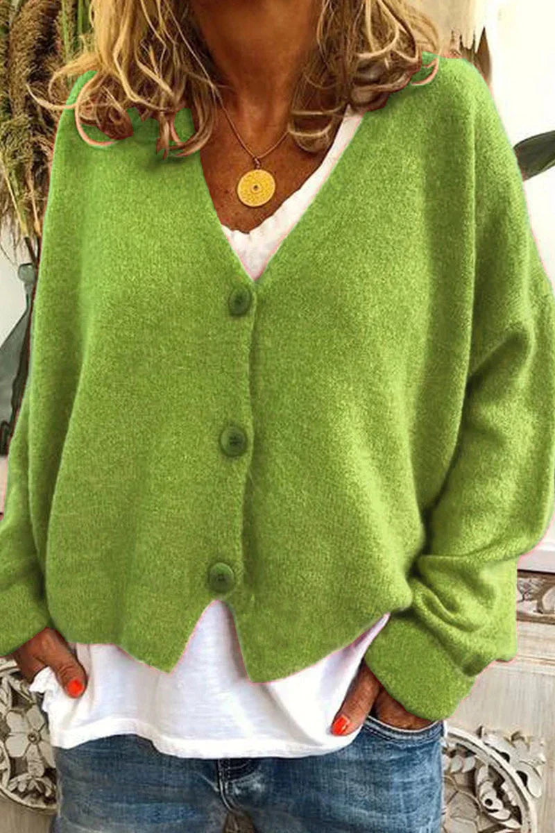 Women's V-neck knit cardigan with long sleeves and button front