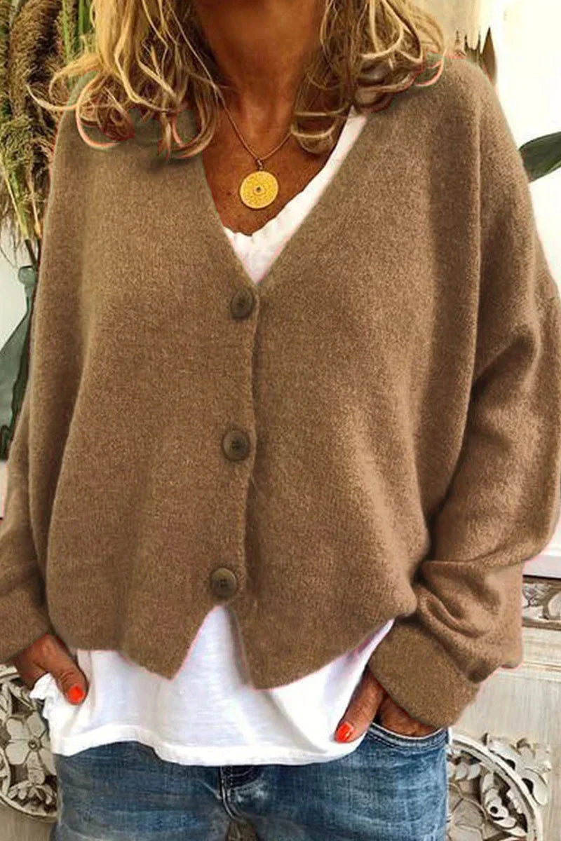 Women's V-neck knit cardigan with long sleeves and button front