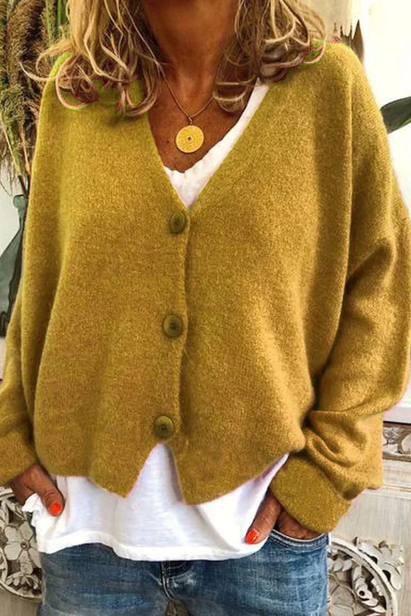 Women's V-neck knit cardigan with long sleeves and button front