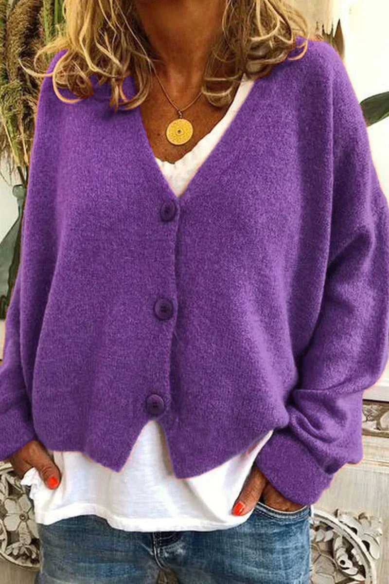 Women's V-neck knit cardigan with long sleeves and button front