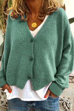 Women's V-neck knit cardigan with long sleeves and button front