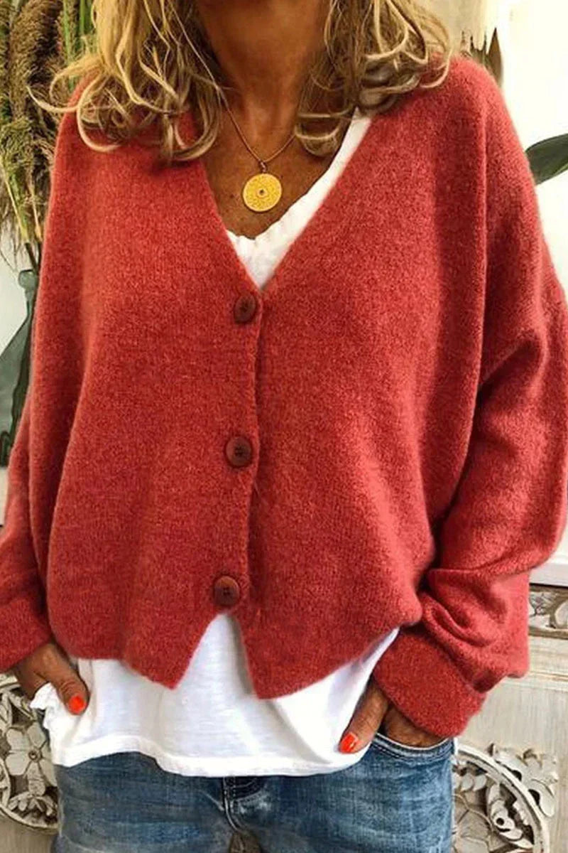 Women's V-neck knit cardigan with long sleeves and button front