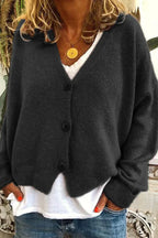 Women's V-neck knit cardigan with long sleeves and button front