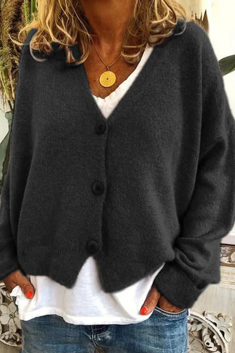 Women's V-neck knit cardigan with long sleeves and button front