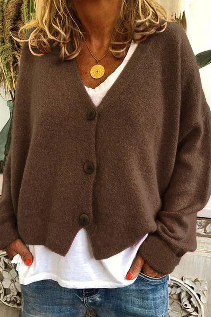 Women's V-neck knit cardigan with long sleeves and button front