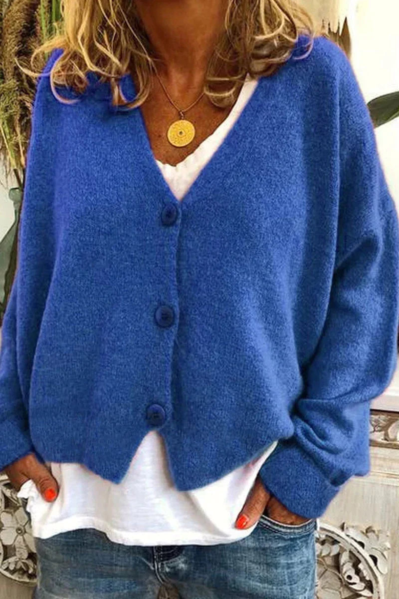 Women's V-neck knit cardigan with long sleeves and button front