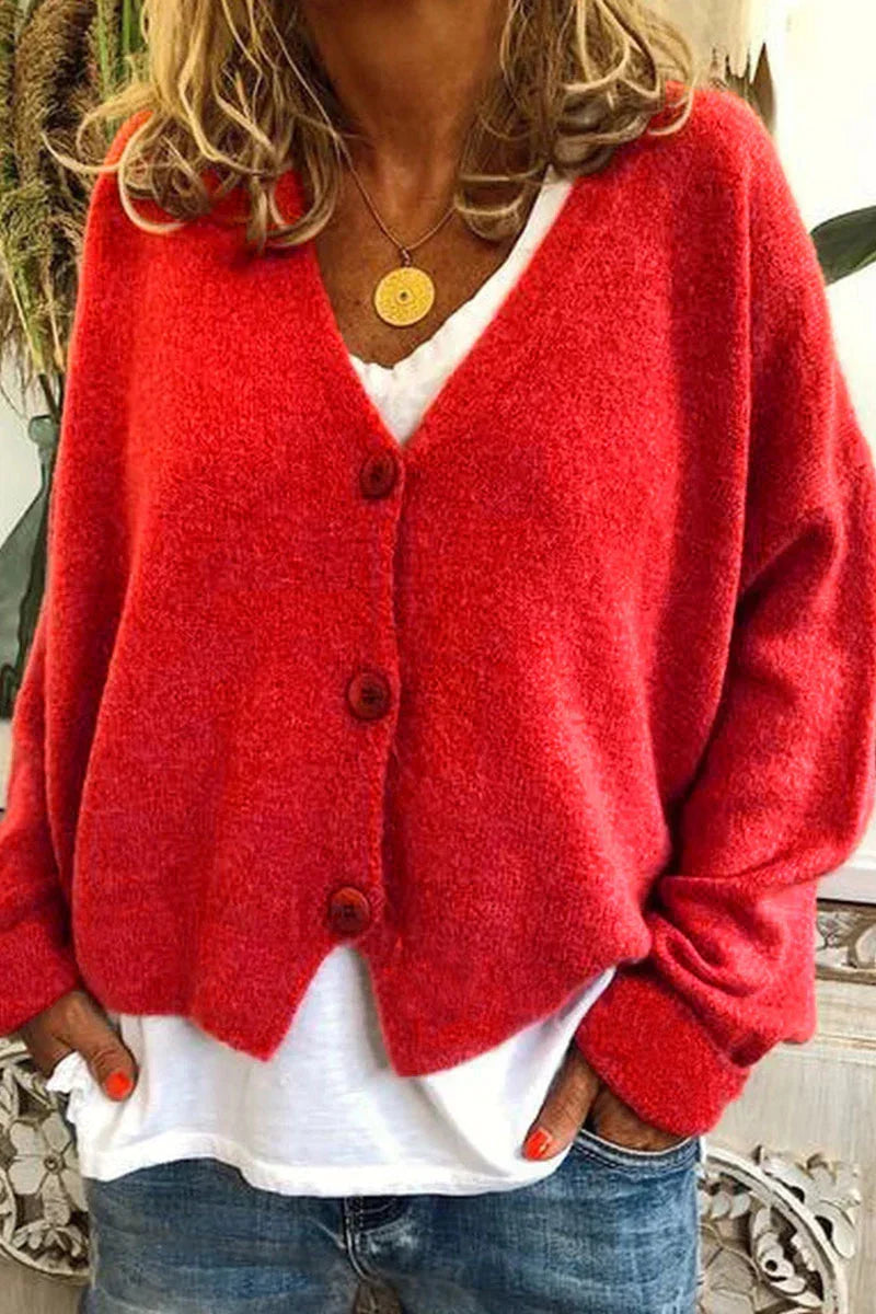 Women's V-neck knit cardigan with long sleeves and button front