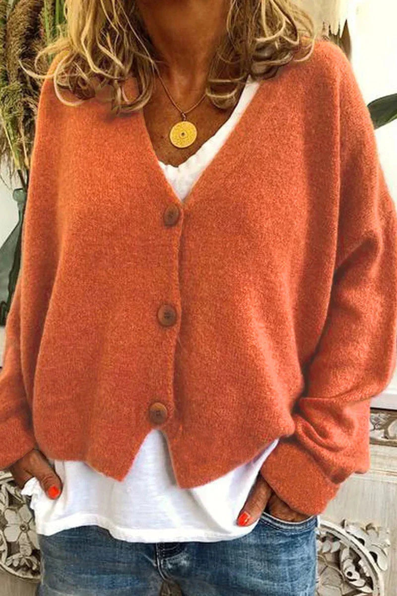 Women's V-neck knit cardigan with long sleeves and button front