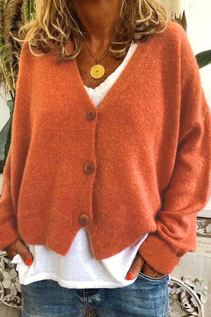 Women's V-neck knit cardigan with long sleeves and button front