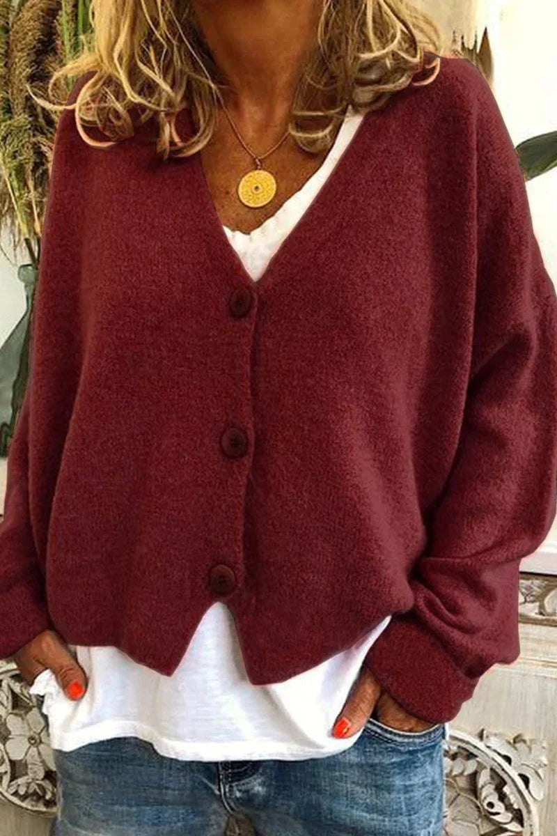Women's V-neck knit cardigan with long sleeves and button front