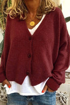 Women's V-neck knit cardigan with long sleeves and button front