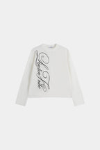 White waffle sweatshirt with black script graphic and long sleeves