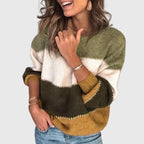 Women's striped crew neck sweater with long sleeves and relaxed fit