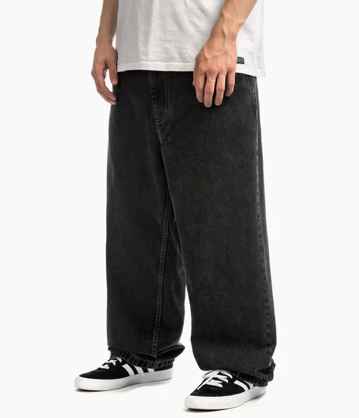 Men's baggy wide-leg jeans shown in black and light blue washes