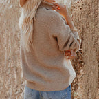 Women's beige cream and blue color block cable knit turtleneck sweater