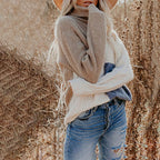 Women's beige cream and blue color block cable knit turtleneck sweater