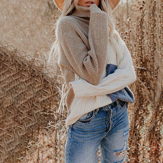 Women's beige cream and blue color block cable knit turtleneck sweater