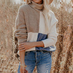 Women's beige cream and blue color block cable knit turtleneck sweater