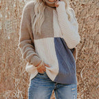 Women's beige cream and blue color block cable knit turtleneck sweater