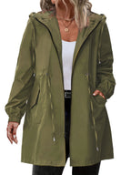 Women's longline hooded raincoat with zip front and drawstring waist