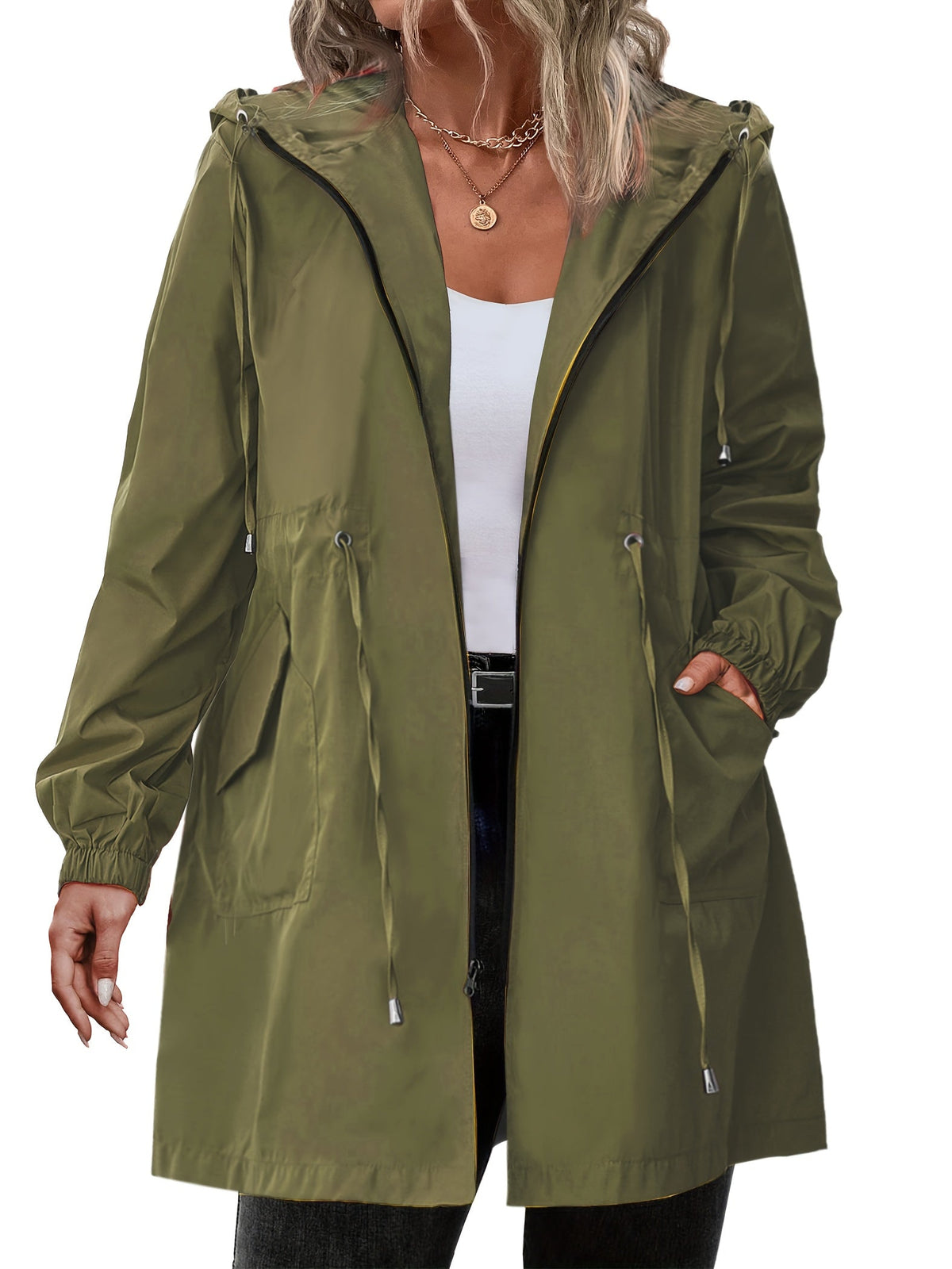 Women's longline hooded raincoat with zip front and drawstring waist